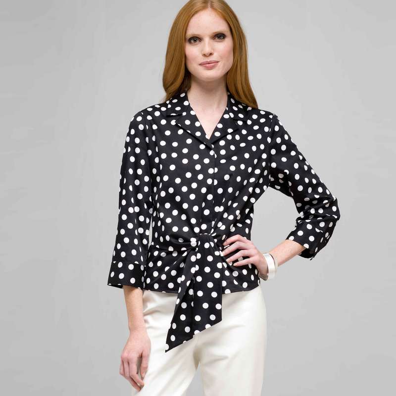 Dot Tie Front Blouse, Black & White, large image number 0